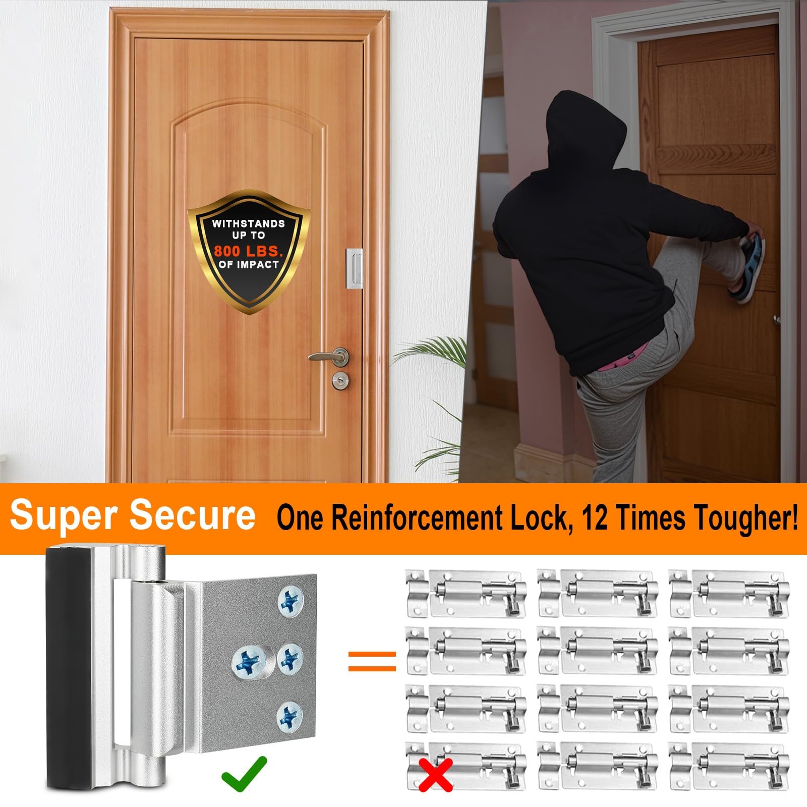 Home Security Door Reinforcement Lock, Upgraded Front 2 Pack, Silver