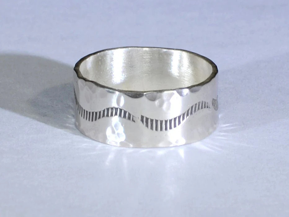 Rustic Sterling Silver Ring Imprinted with Handmade Border Stamps and Hammered