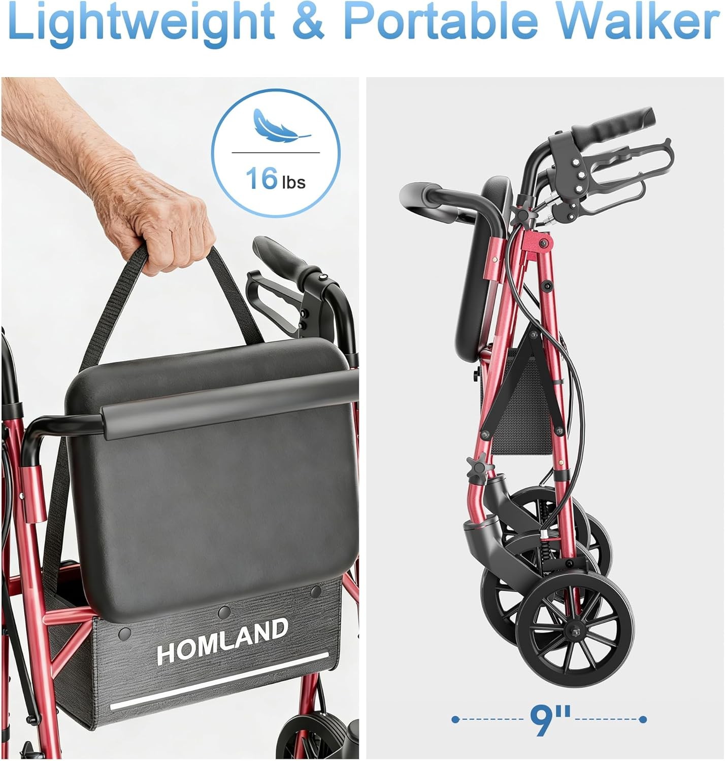 Lightweight Rollator Walker with Seat 4 Wheels Adjustable Height 300lbs Red