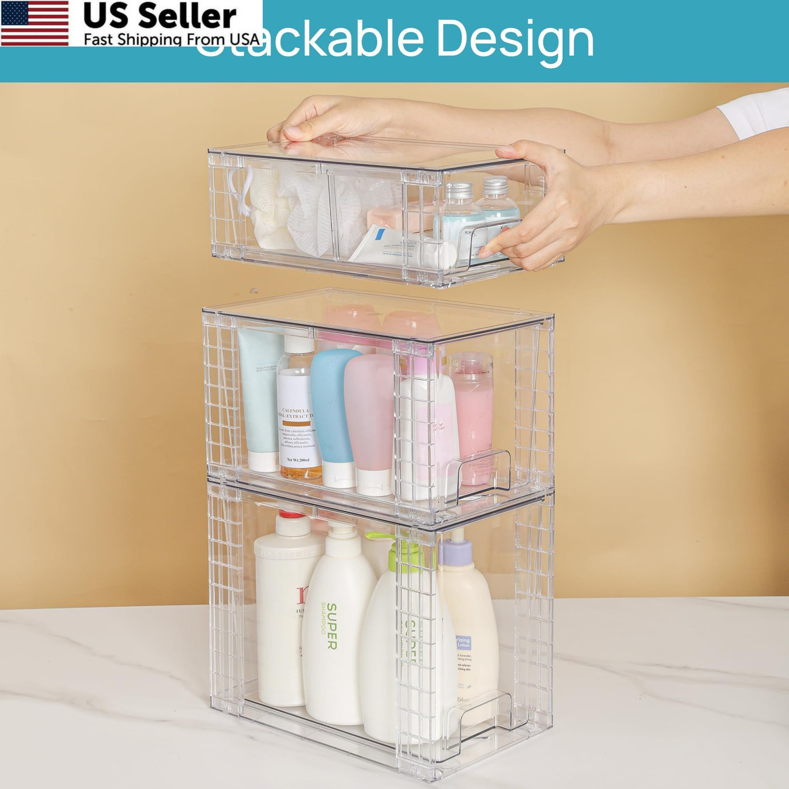 Vtopmart 3 Pack Clear Stackable Storage Drawers,Easy to Assemble Transparent