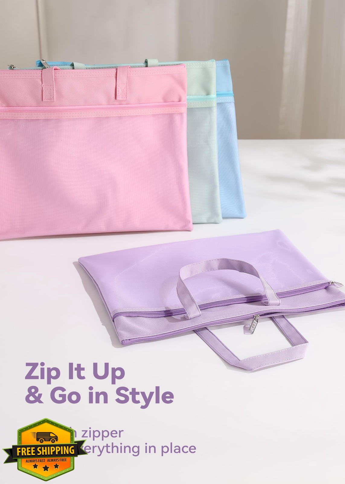 SortRax Zipper Pouch with Handle 13.8"x11" 2 Pockets Pink Document Organizer