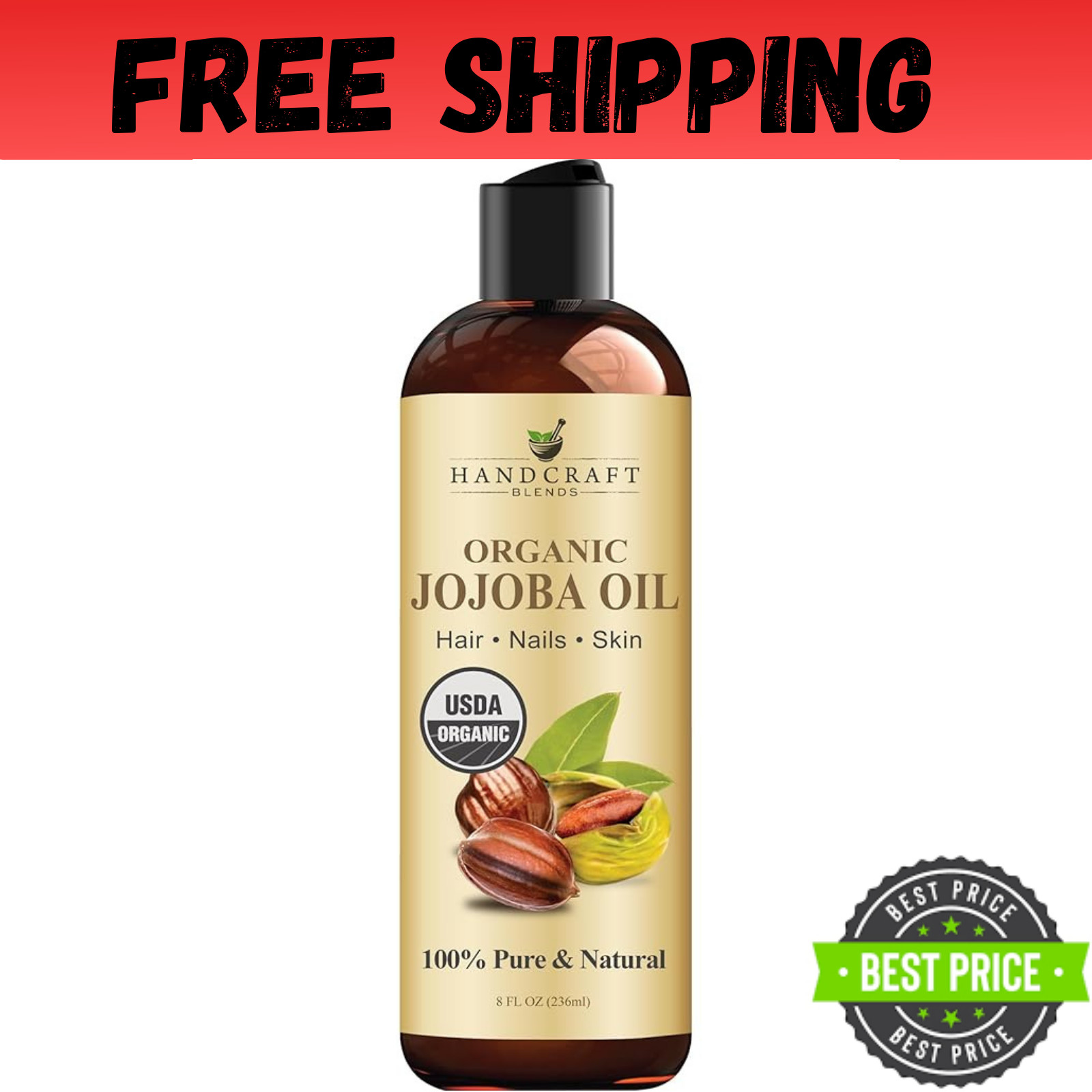 Handcraft USDA Organic Jojoba Oil 8 fl. oz – 100% Pure & Natural for Skin, Face,
