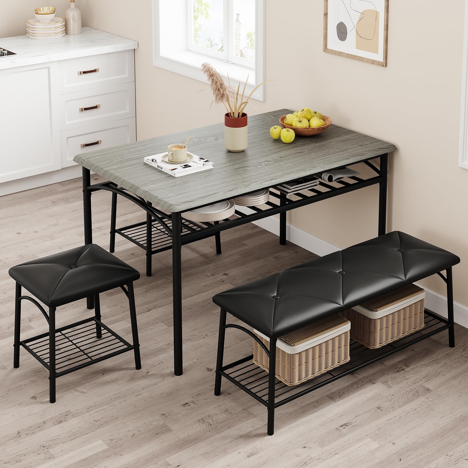 Dining Table Set for 4 Kitchen Table Set with Upholstered Benches Storage Modern