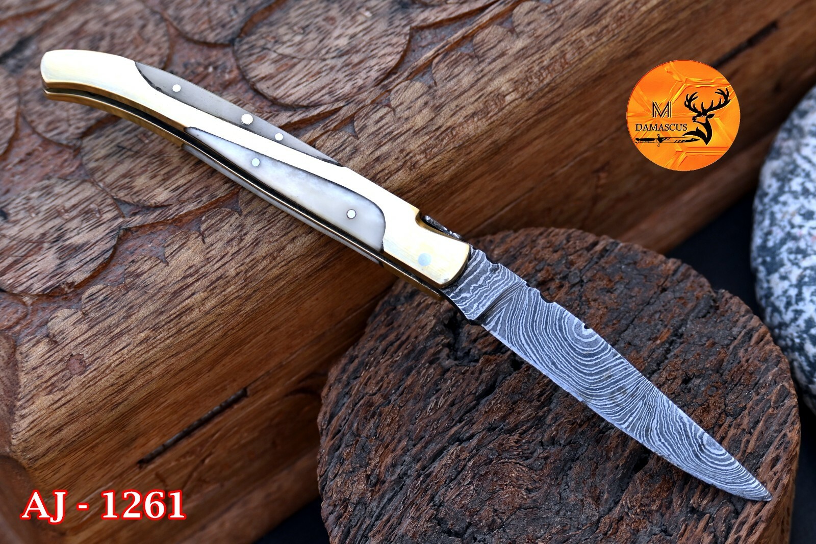 HAND MADE DAMASCUS STEEL FOLDING POCKET KNIFE W/ CAMEL BONE&BRASS HANDLE 1262