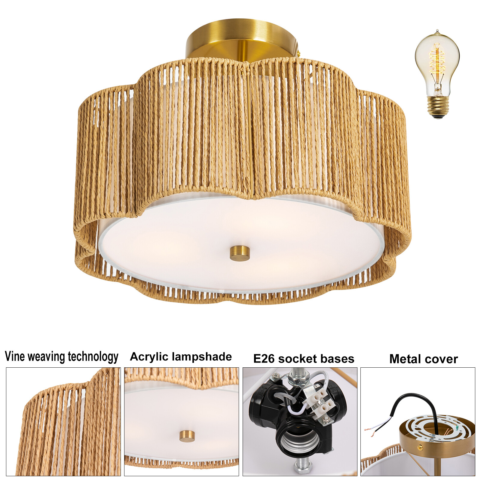 Rustic Ceiling Mount Rattan Light Ceiling Lamp Flush Mount Chandelier Fixture