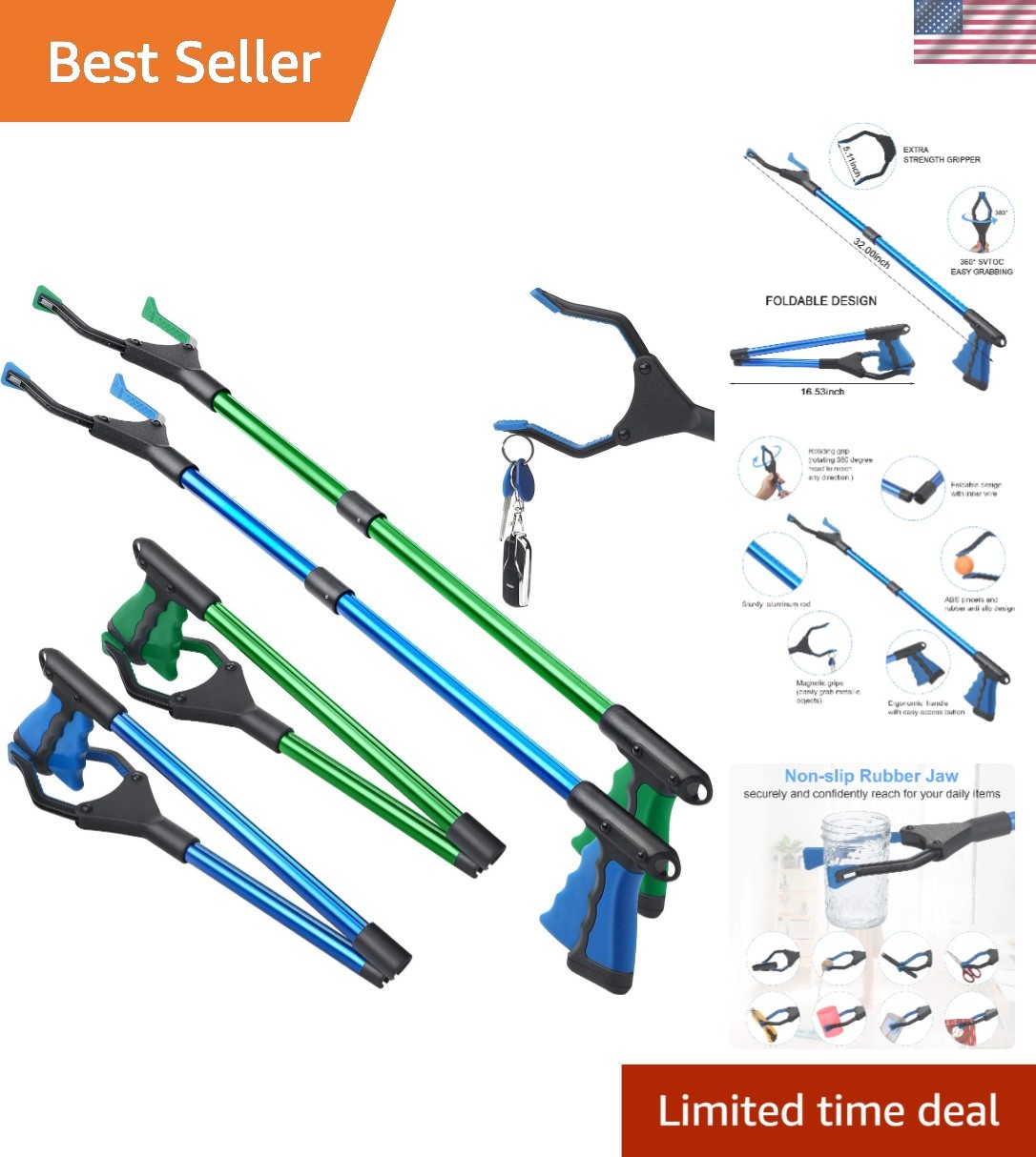 2-Pack 32-Inch Foldable Grabber Reacher Tool with Magnetic Tip for Safe Pickup