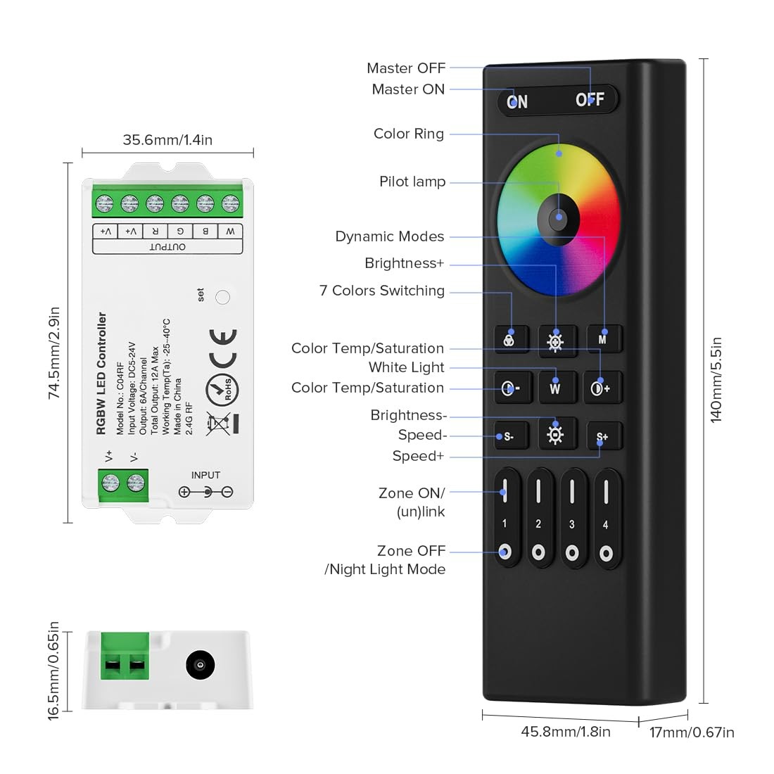 Wireless RF Remote Control 2.4GHz 4PC RGBW LED Strip Controller Kit BTF
