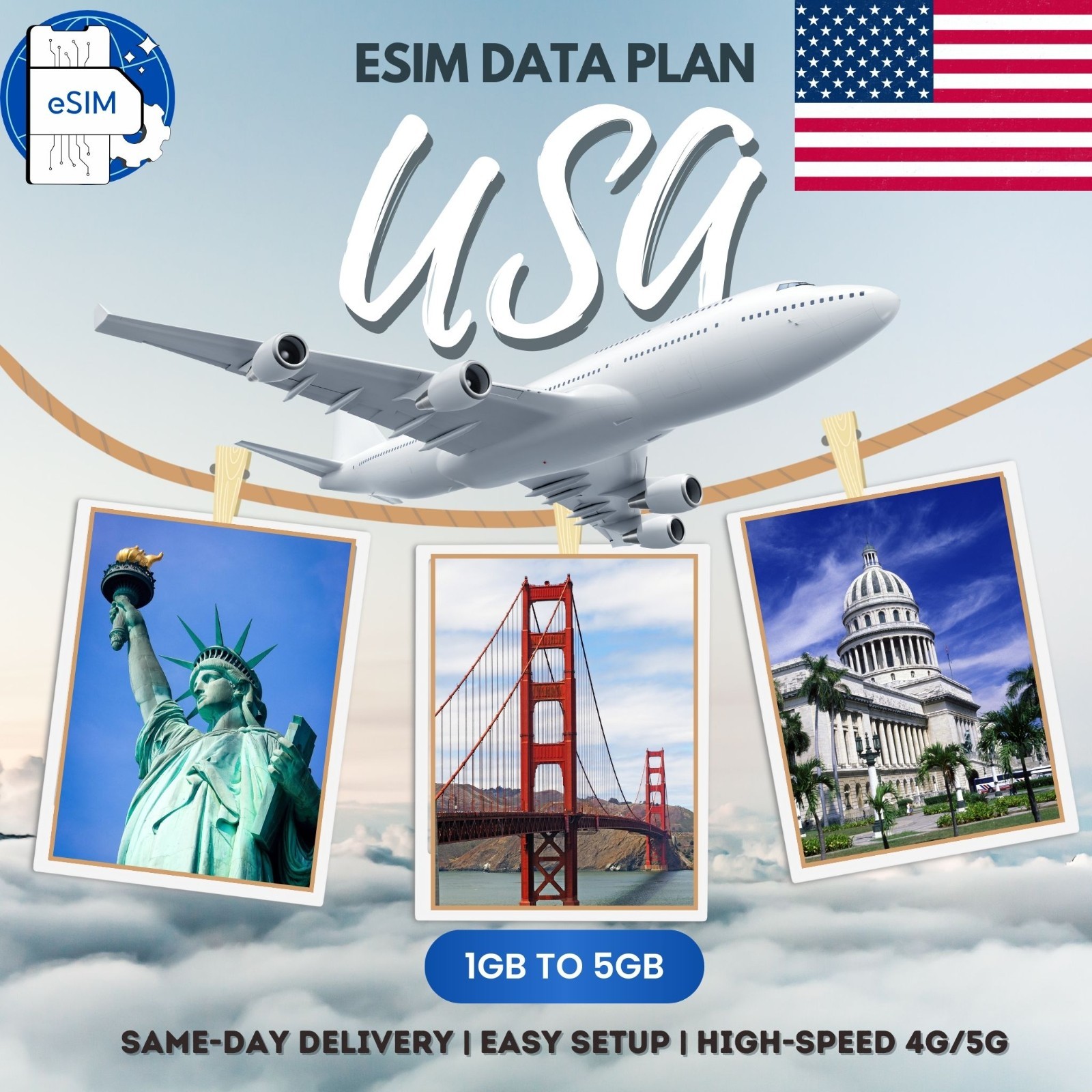 USA eSIM 1GB to 5GB | 4G/5G Data Plan | Same-Day Delivery | Easy Setup