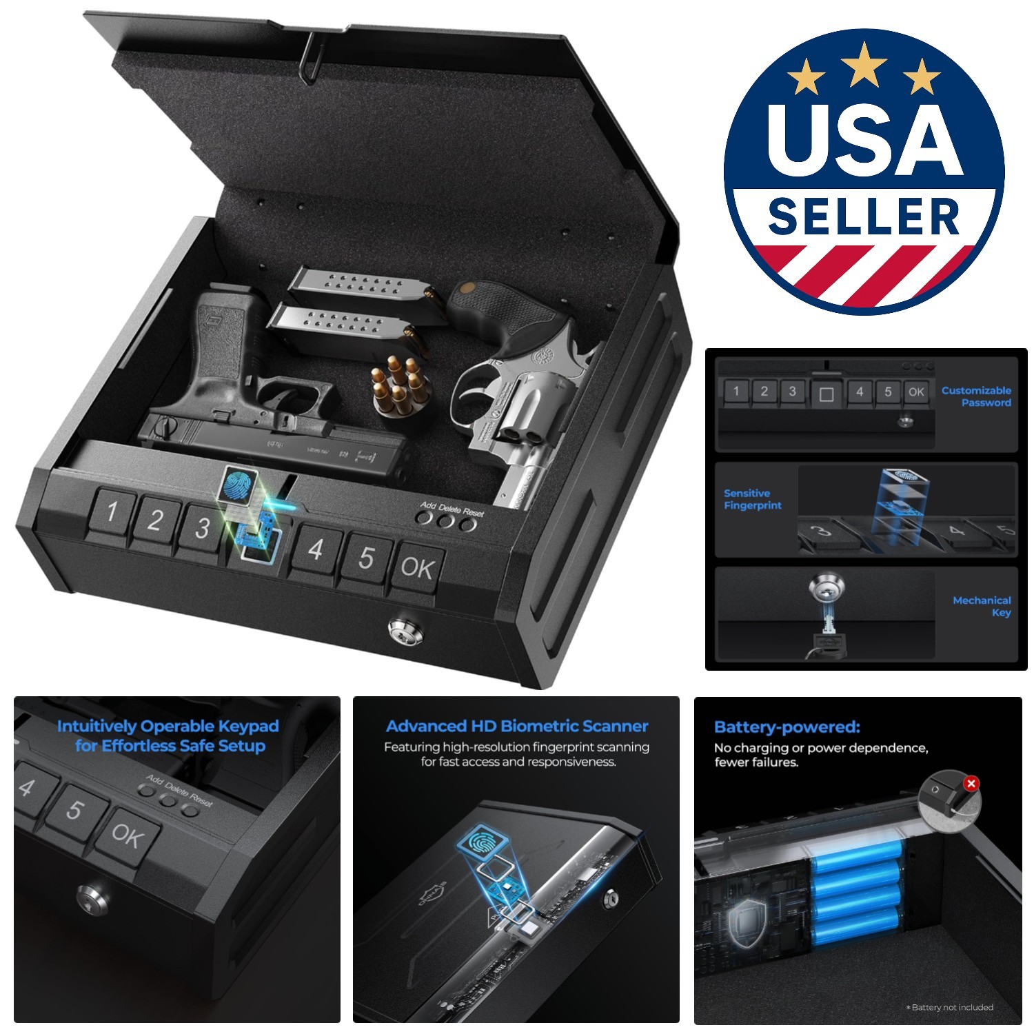 Quick Access Biometric Handgun Safe with Security Cable & Low Battery Warning