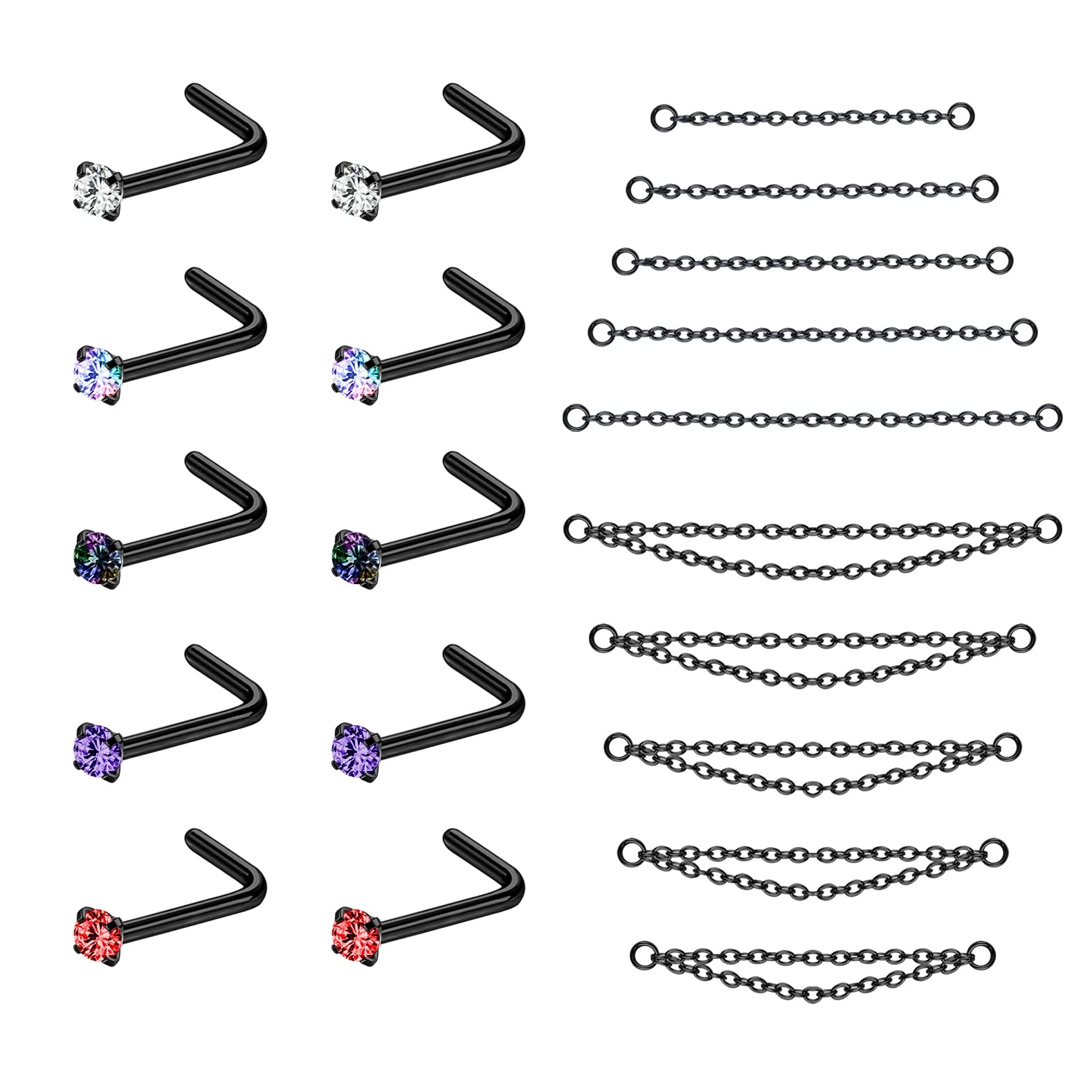 PunkTracker 20G Black Nose Rings 2mm 2.5mm 3mm CZ black,2mm gem,L-shape