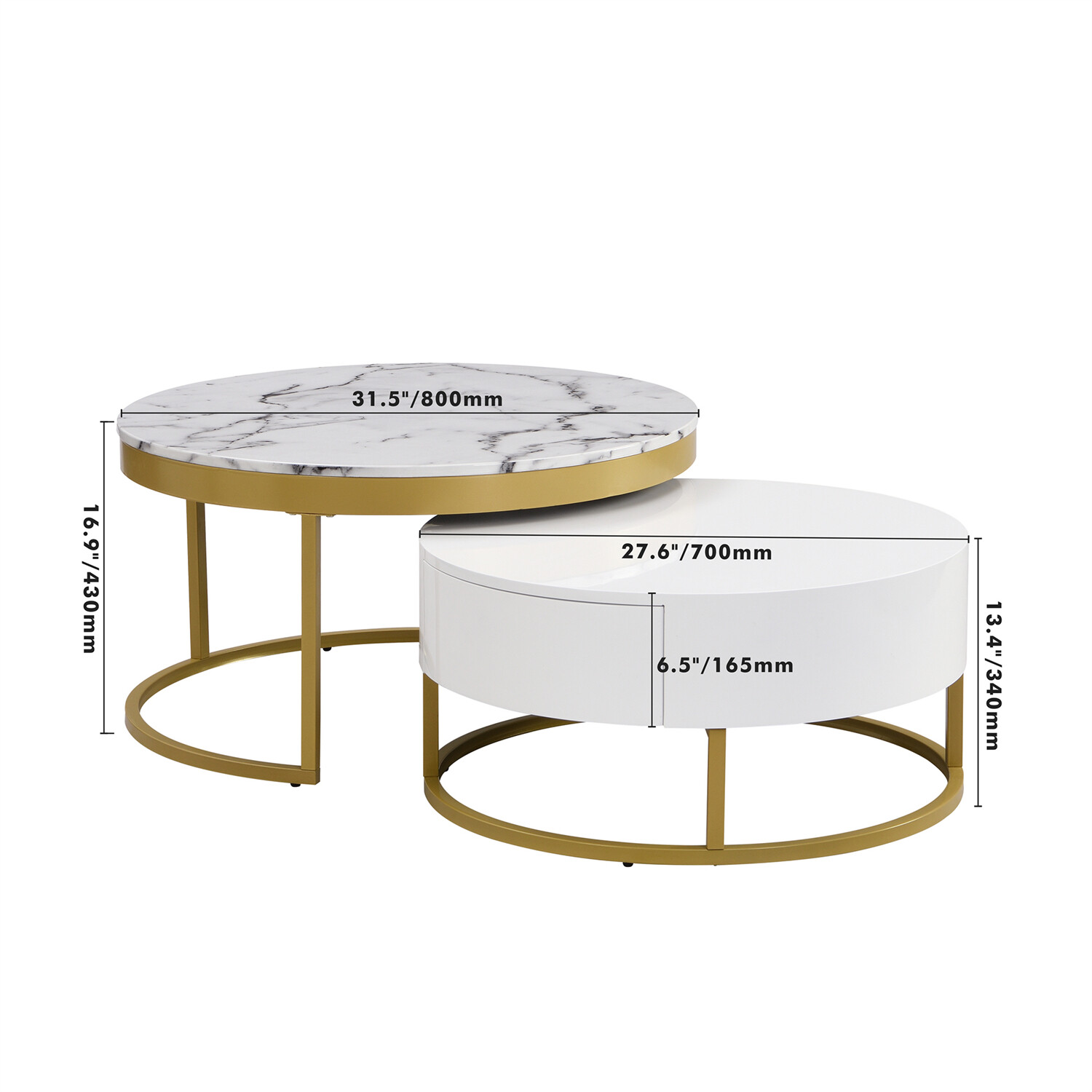 Modern Round Nesting Coffee Table Center Cocktail Table End Table w/ 2 Drawer