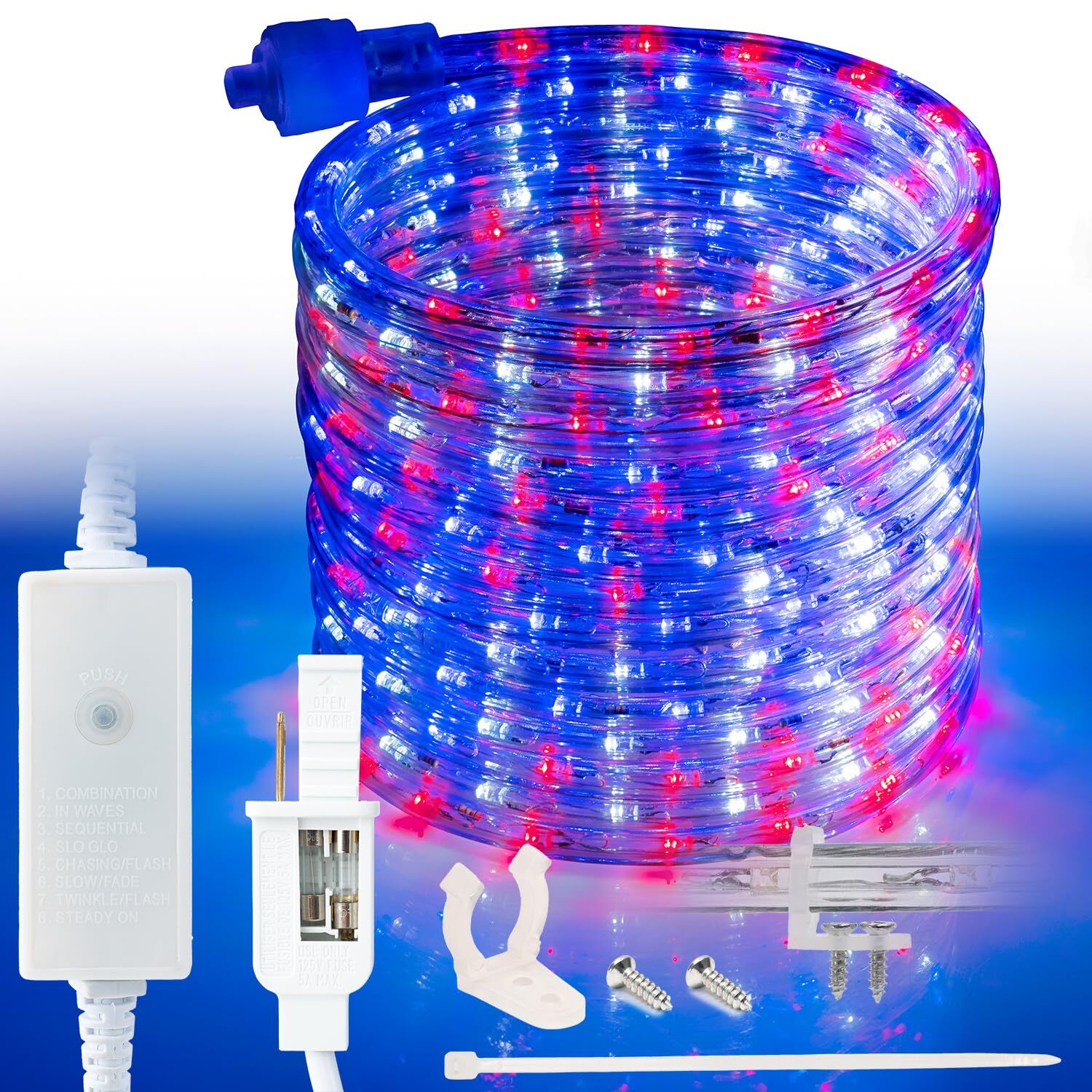 USA RWB 8-Mode LED Outdoor Waterproof Rope Light 10' 25' 50' 100' 150' 300'ft
