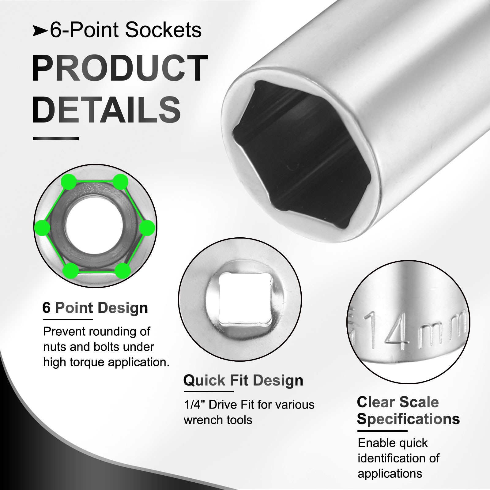 3pcs 6 Points Deep Socket 1/4" Drive 14mm Nickel Plating Flip Sleeve 2" Long