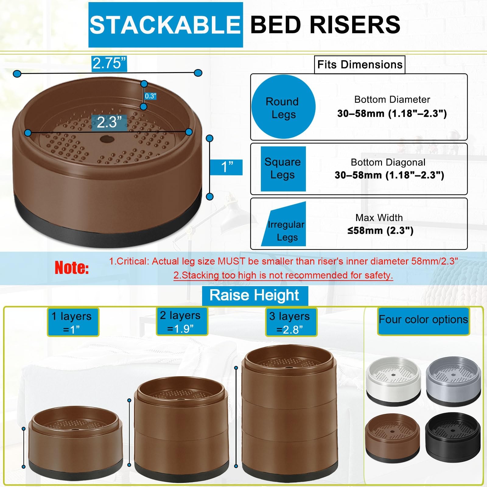 Bed Risers Stackable 16 Pack 1-4 Inch Heavy Duty Adjustable for Sofa Chair