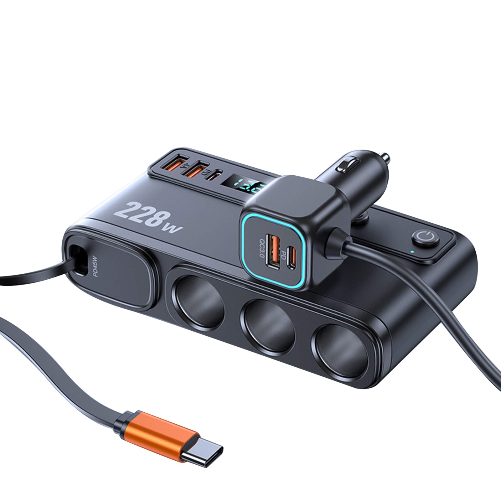 For Truck 9-in-1 Cigarette Lighter Charger 3 Sockets 6 USB Ports 228W Display