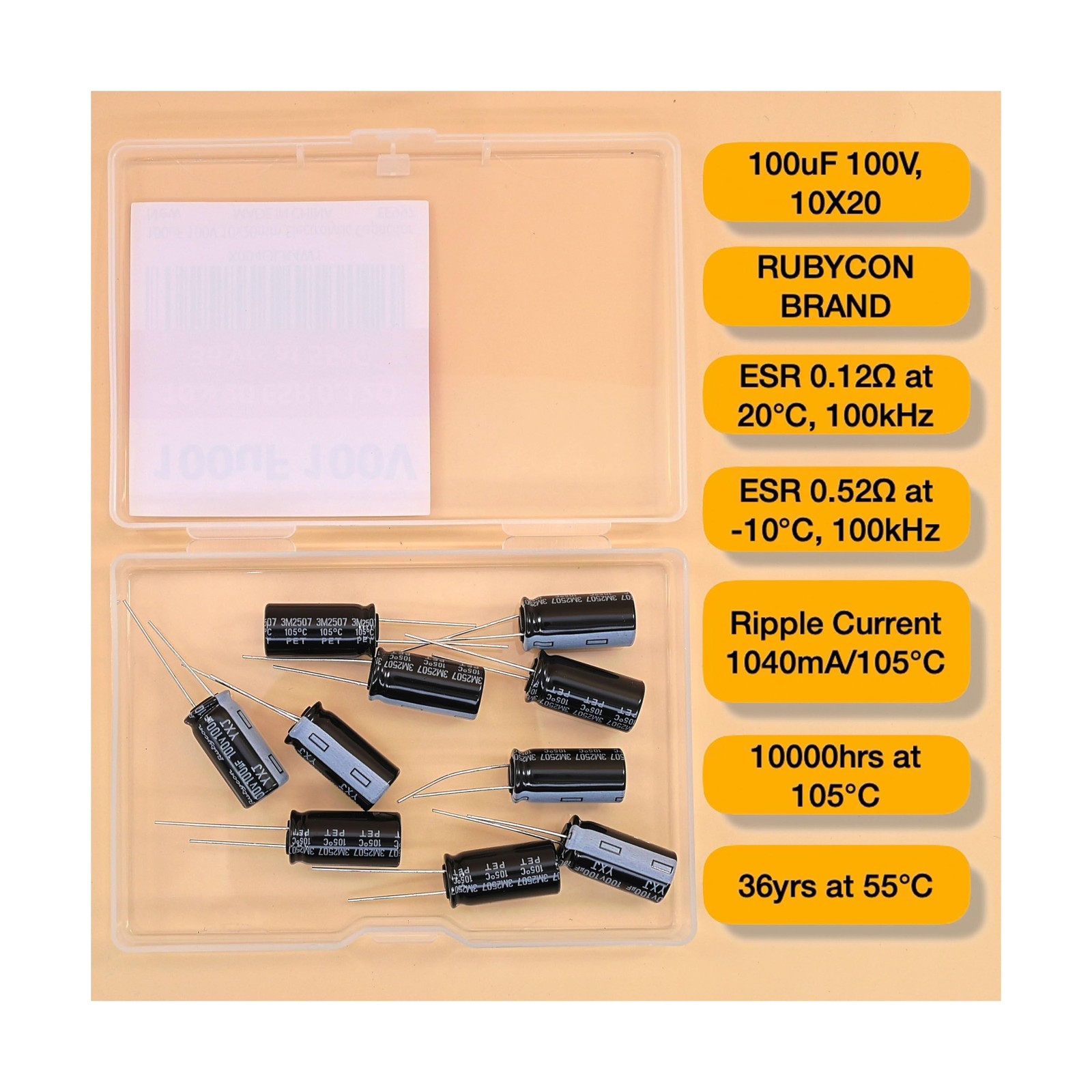 100uF 100V 10x20mm Rubycon Electrolytic Capacitor Low ESR 0.12Ω Long Life 3