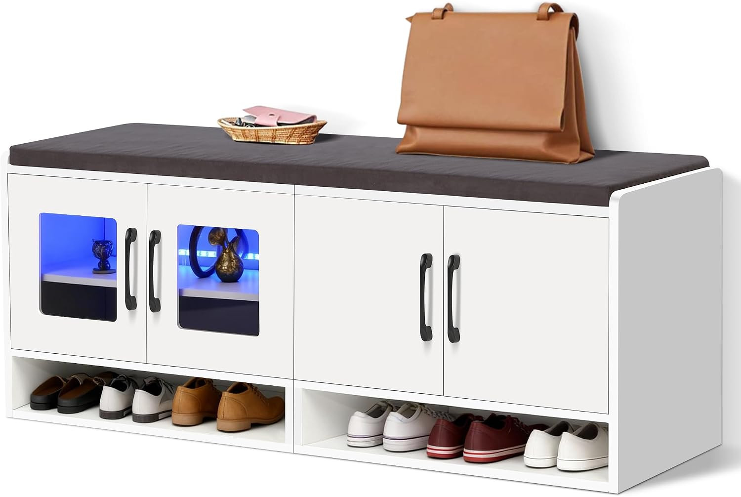 Shoe Bench with Thickened Cushion,Entrance Bench with Glass Door and Ambient Lig