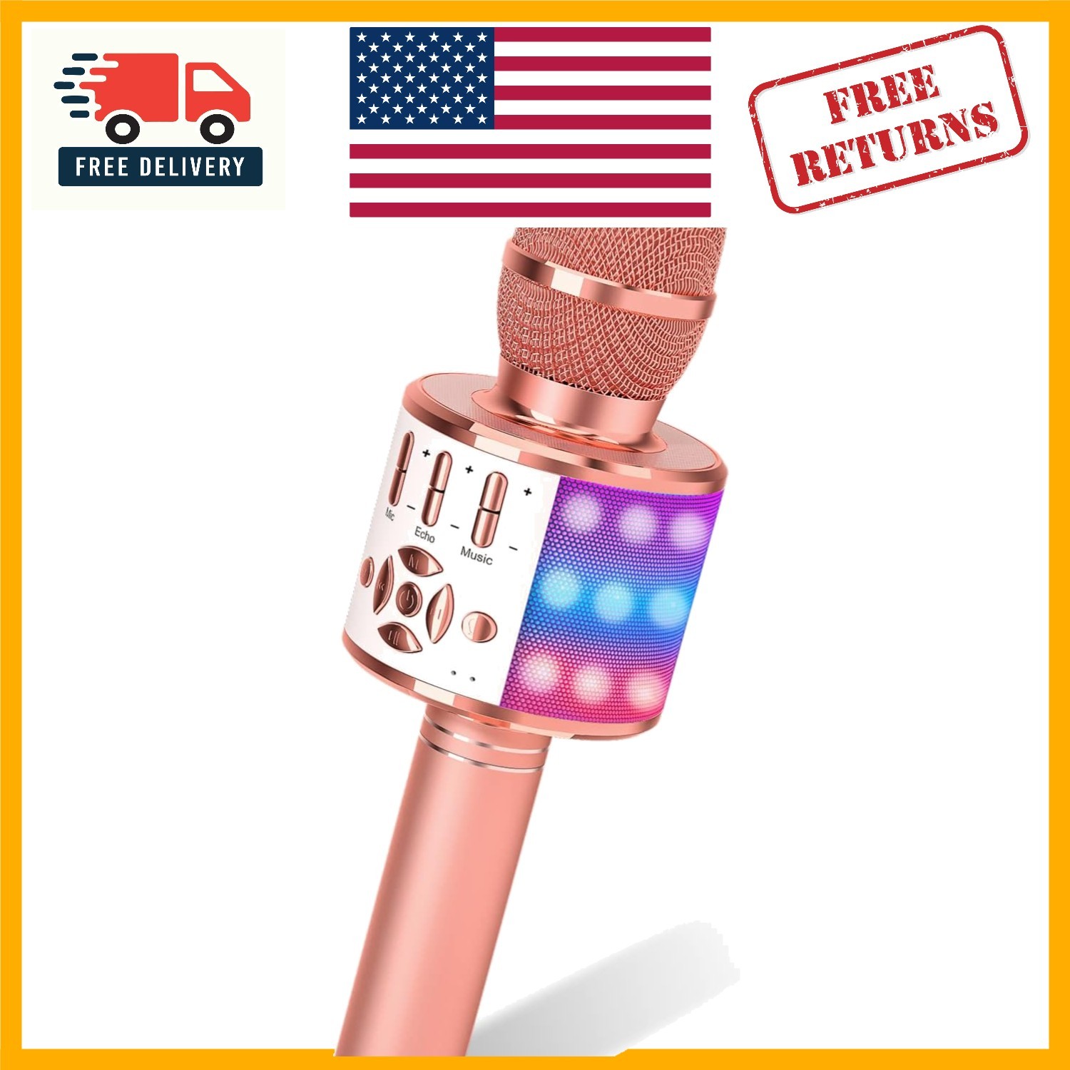 Rose Gold Bluetooth Karaoke Microphone with LED Lights for Home Parties