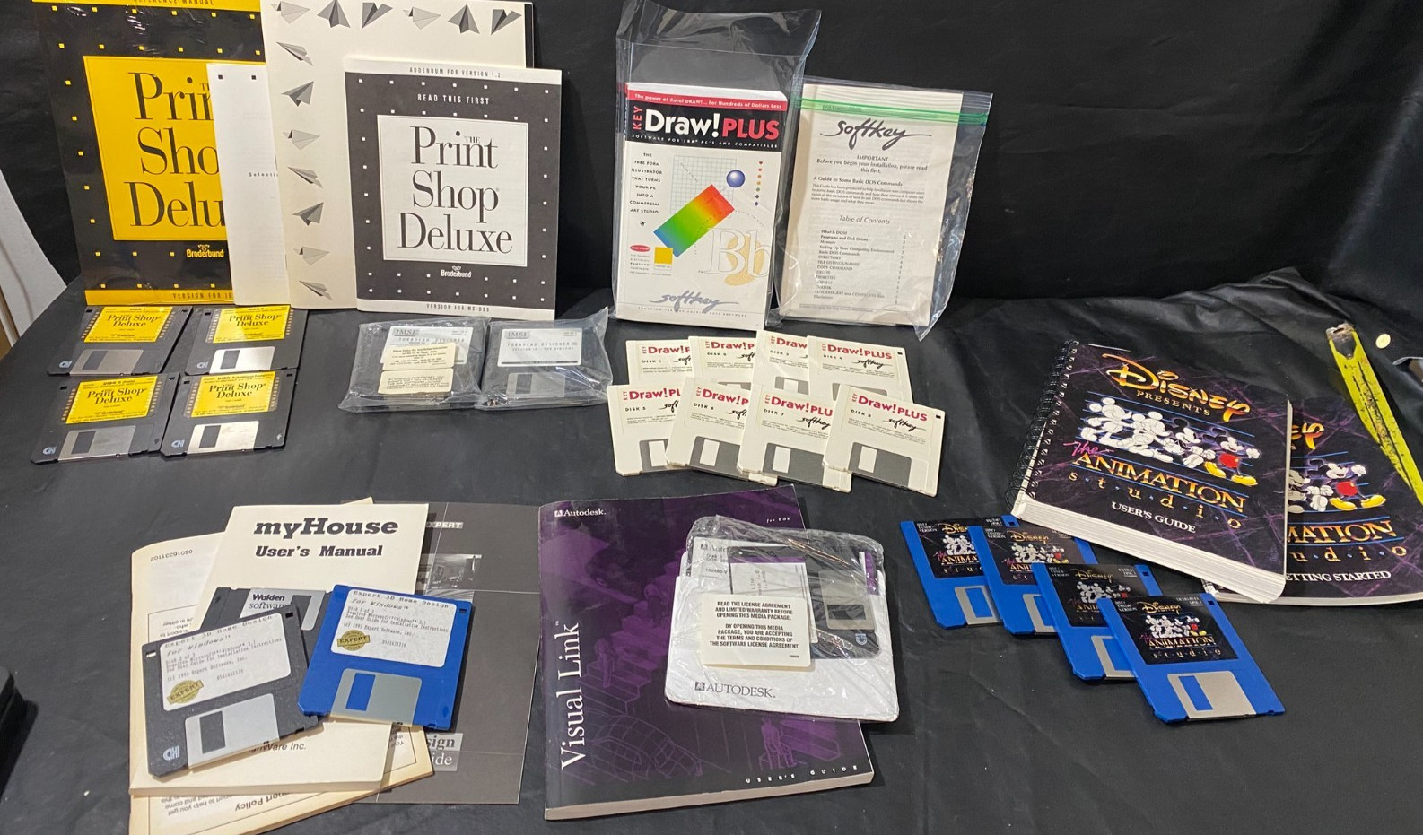 vintage PC Floppy DISKS & BOOK Print Shop Draw Plus Disney Animation Studio +