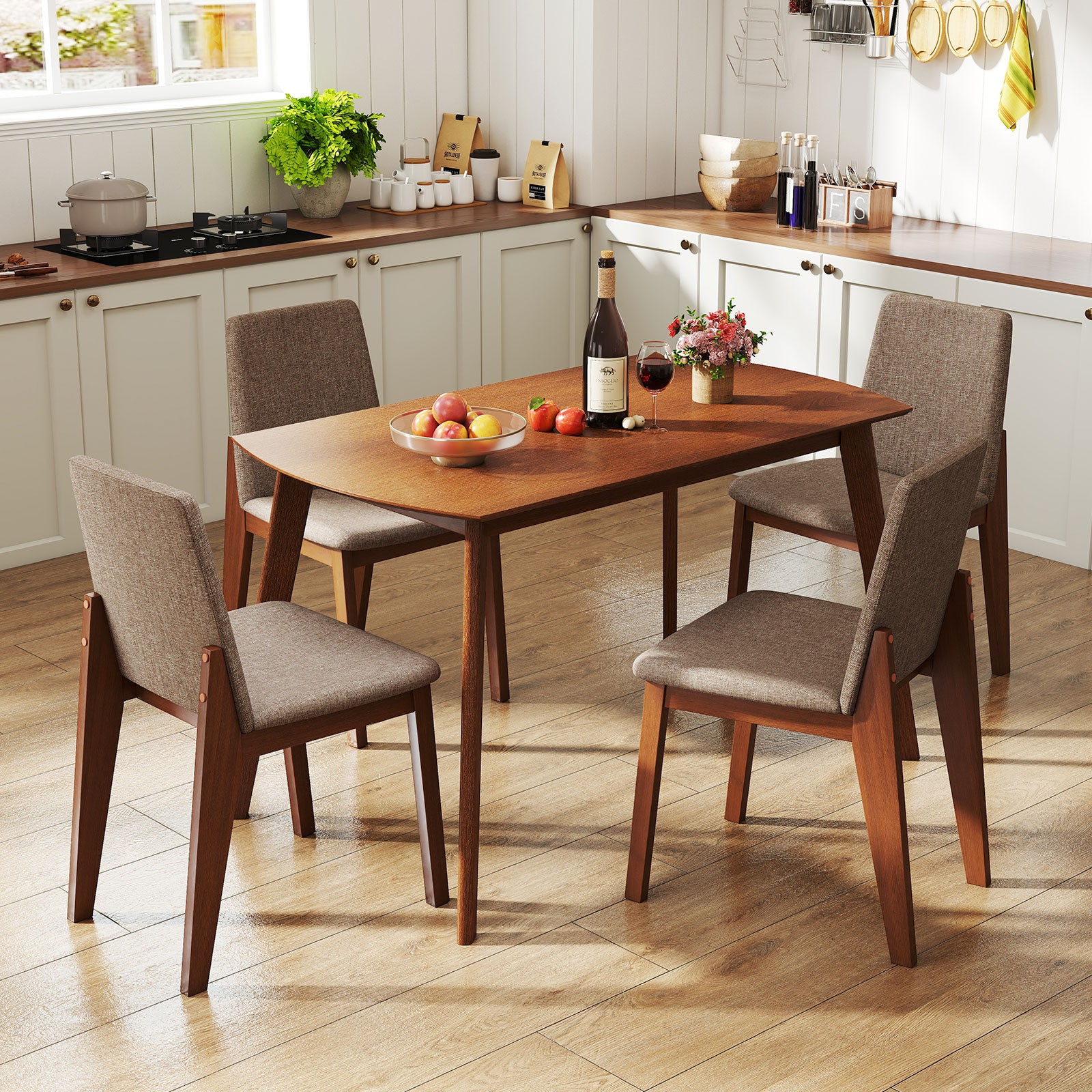 5-Piece Dining Table Set for 4,Rectangular Kitchen Table w/Linen Fabric Chairs