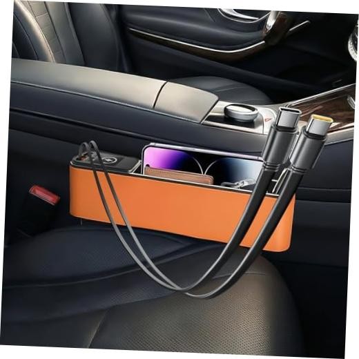 Car Seat Gap Filler Organizer with 69W Retractable Car Charger | 2 USB Orange