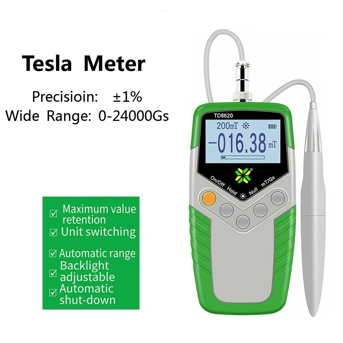Tesla Meter Gauss Meter with Transverse Hall Probe Display Class 1 Accuracy