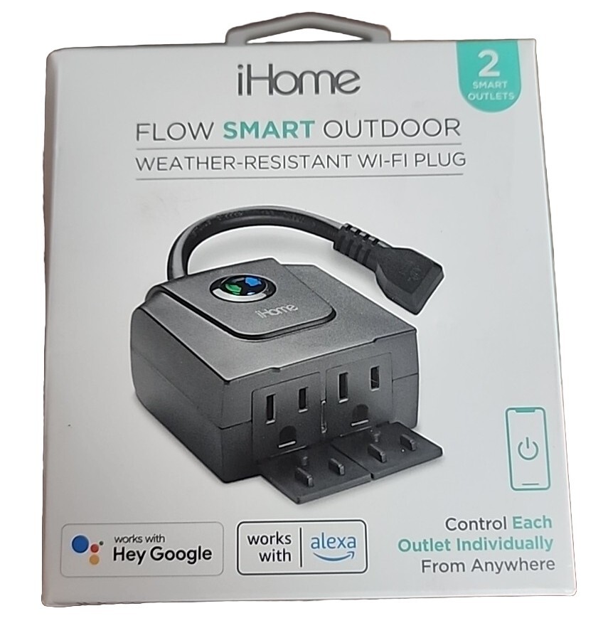 iHome Flow Smart Outdoor Weather -Resistant Wi-Fi Plug 2 smart outlets. New.