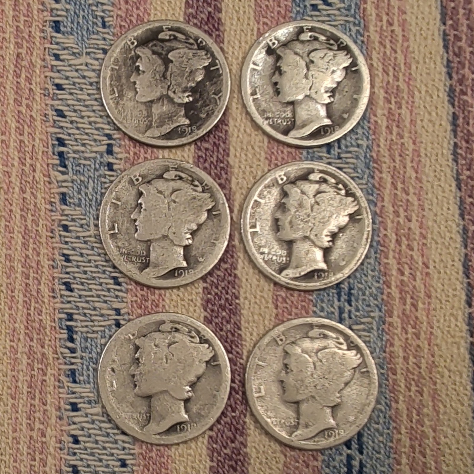 Lot of 6 1918 Mercury (Winged Liberty) Silver Dimes 10C 90% Silver