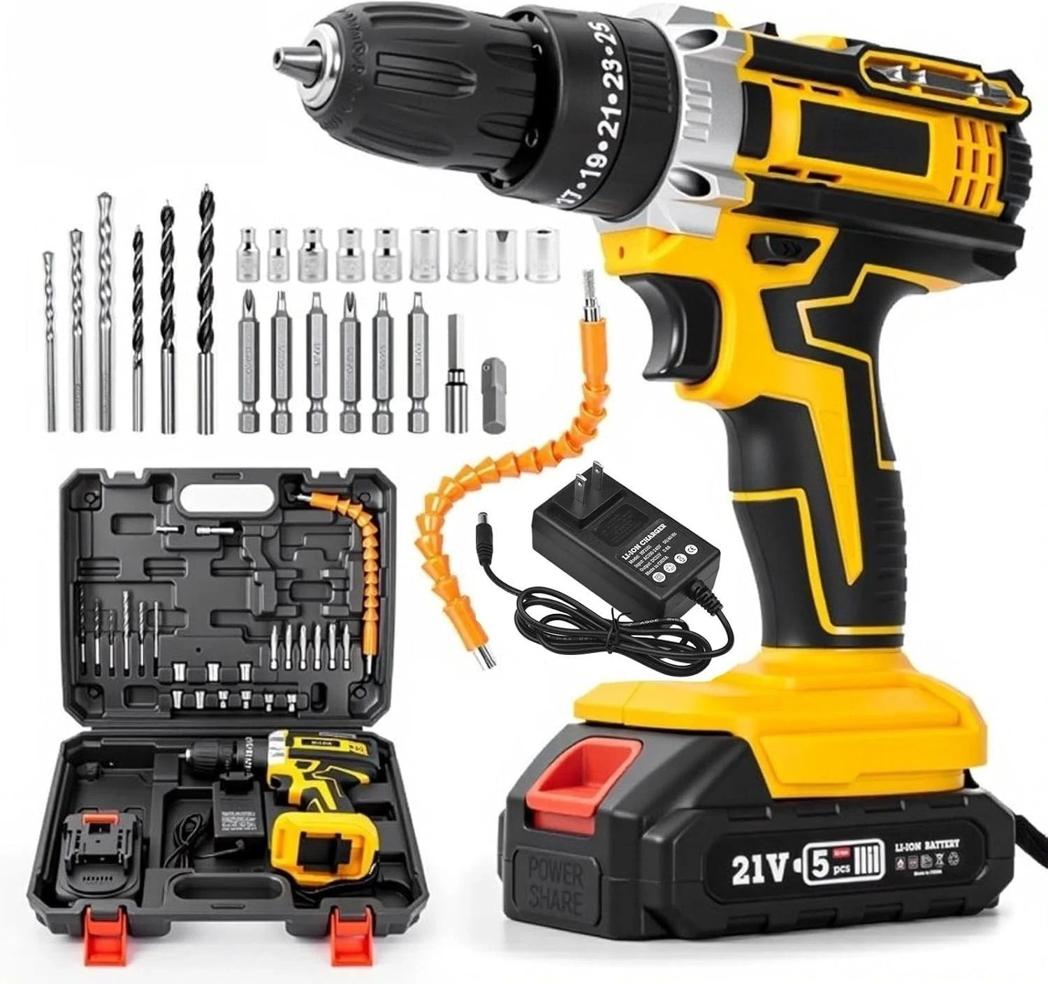 21V Cordless Drill Electric Screwdriver 3/8in Keyless Chuck Work Light Kit