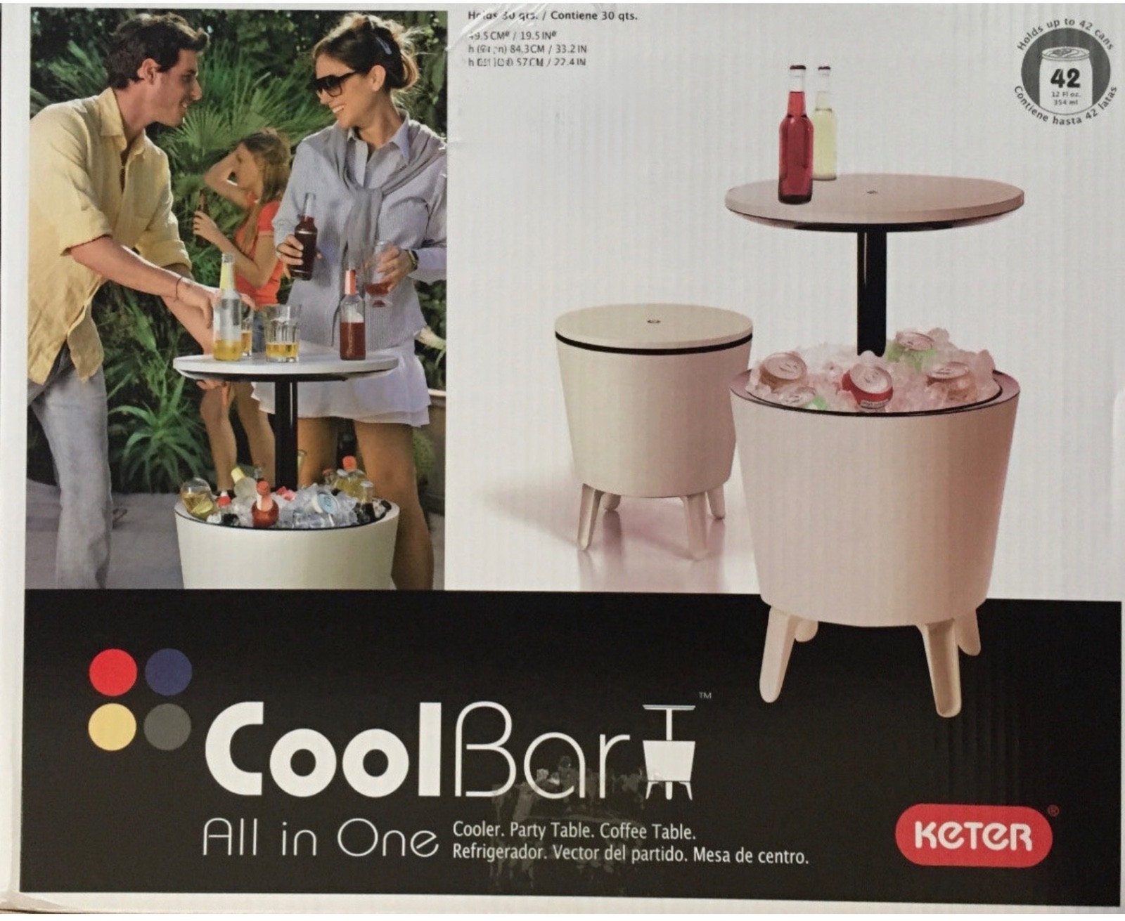 NEW Keter Coolbar All in One 30Qt Cooler Party Table Patio Ice Box White 22”-33”