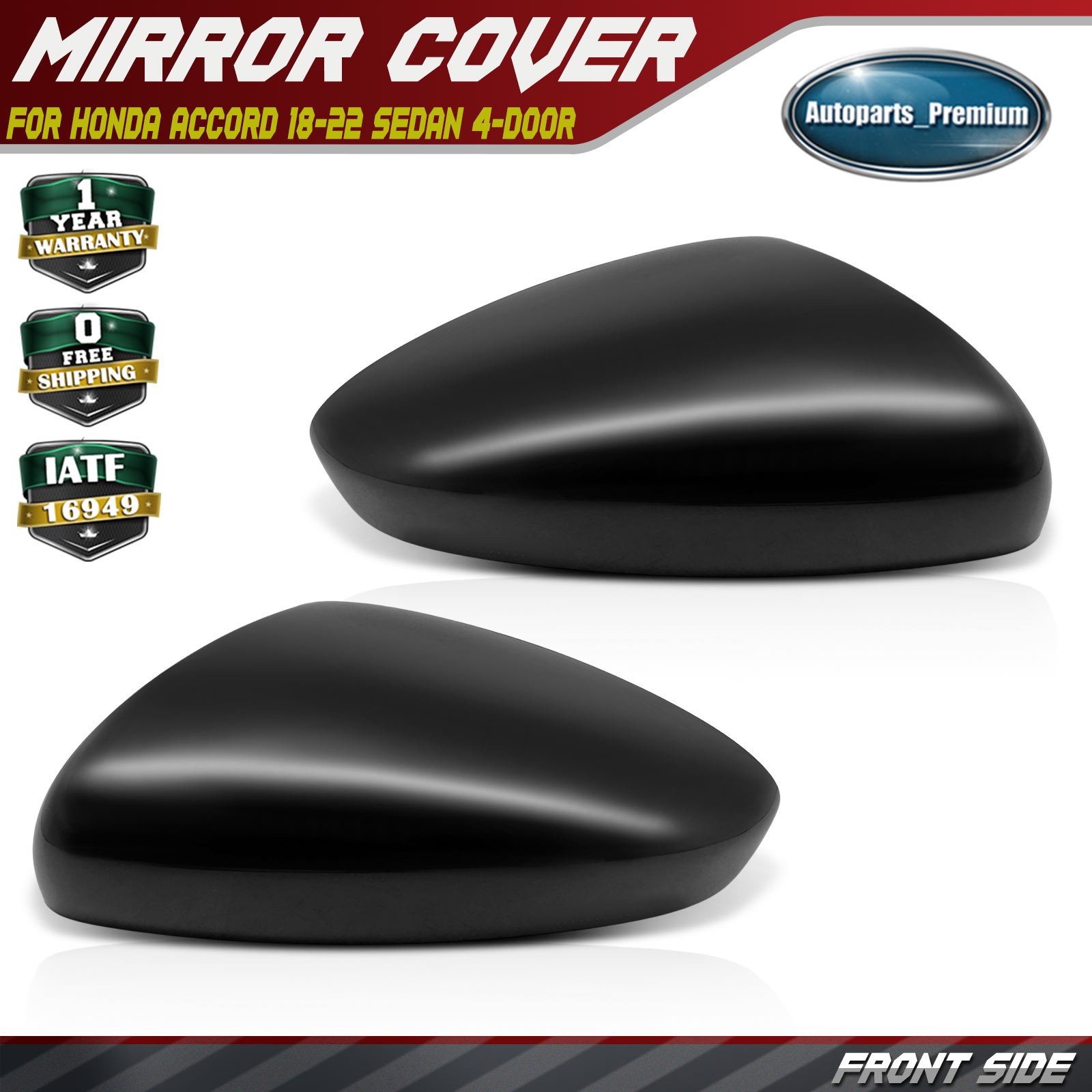 Pair Mirror Cover Cap Smooth Black for Honda Accord 2018-2022 Sedan L4 1.5L 2.0L