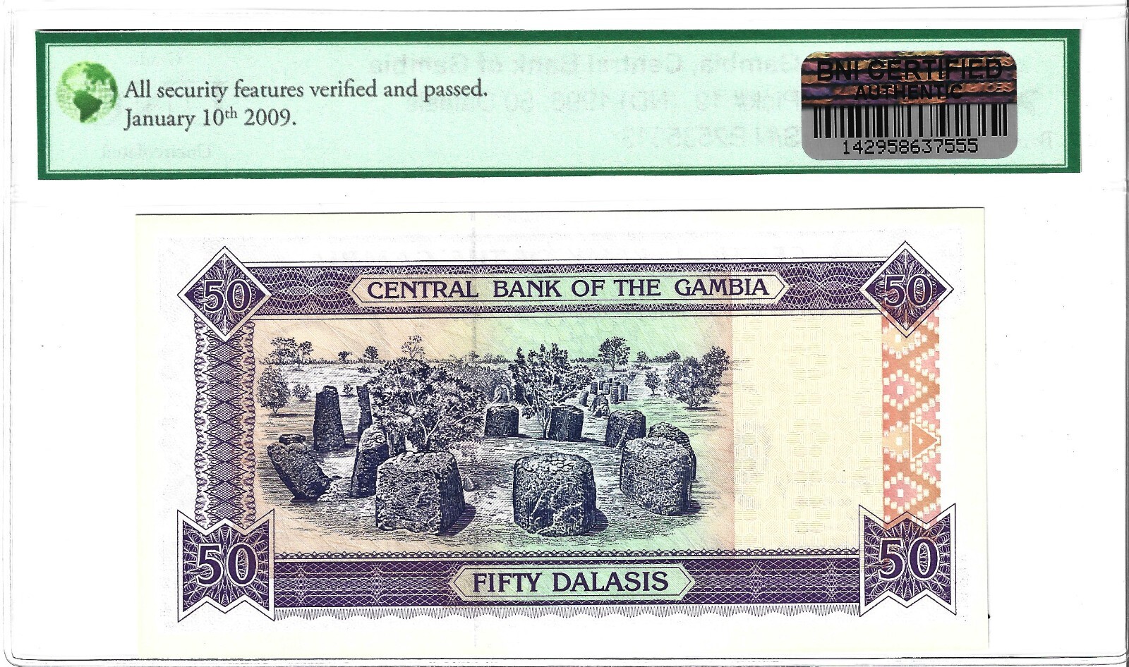GAMBIA 50 DALASIS ND 1996 P 19 Choice UNC AUTHENTICATED
