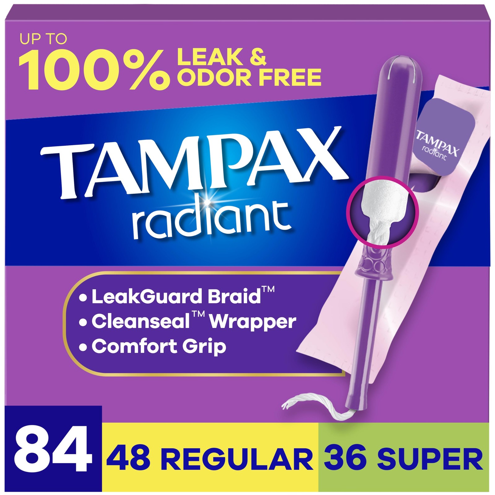 Tampax Radiant Tampons Multipack, with LeakGuard Braid, Regular/Super