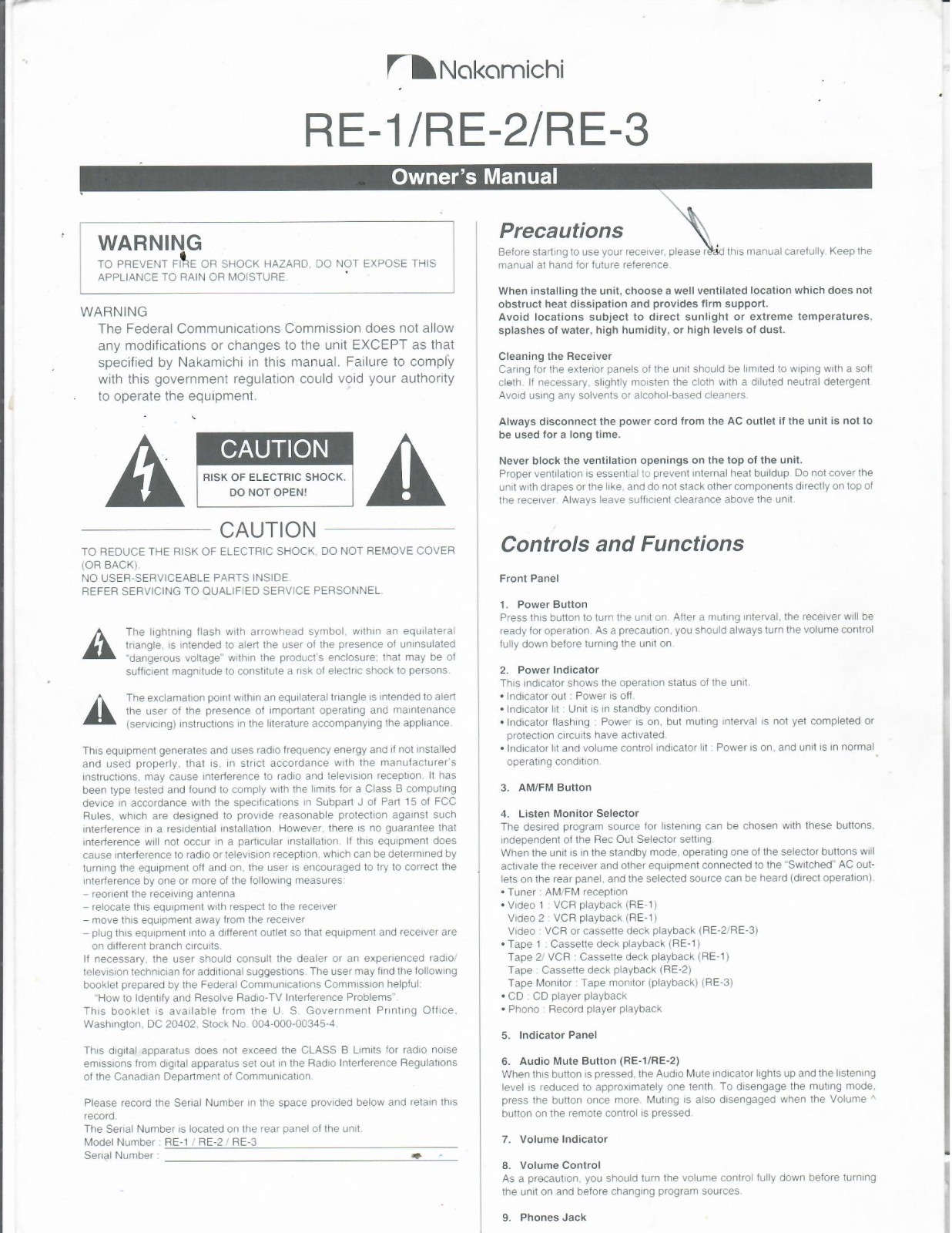 Original Nakmichi RE-1/RE-2/RE-3  Owner’s Instruction Manual