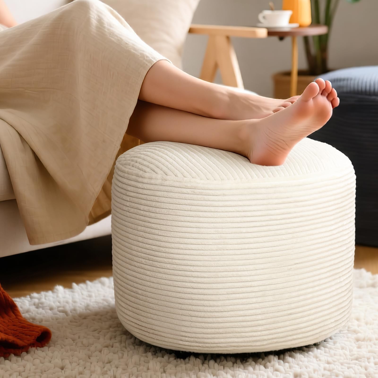 Round Corduroy Ottoman Foot Rest Pouf for Living Room Couch - Soft Plush Shre...