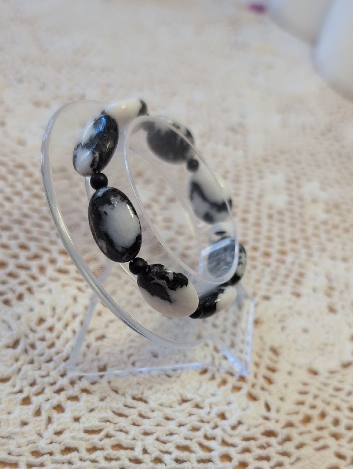 Handmade Natural Zebra Jasper And Black Onyx Stretch Bracelet