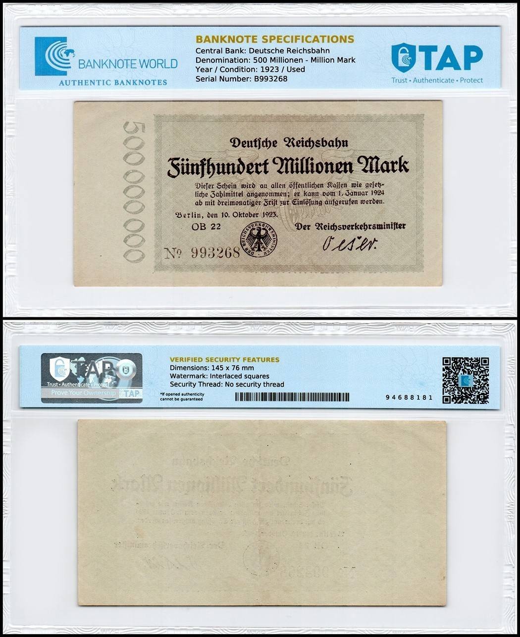 Germany 500 Millionen - Million Mark, 1923, P-S1019, Used, TAP Authenticated