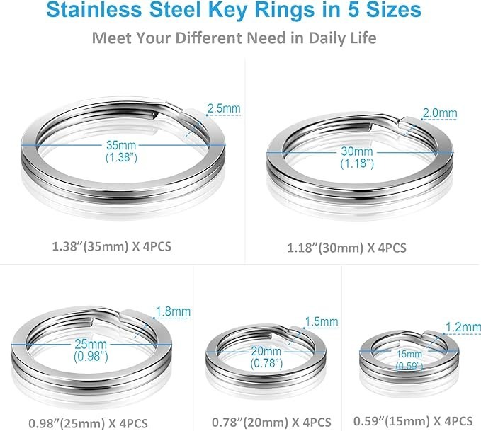 "Key Rings Stainless Steel Assortment Heavy Duty Split Keyring Loops, In 5 Small