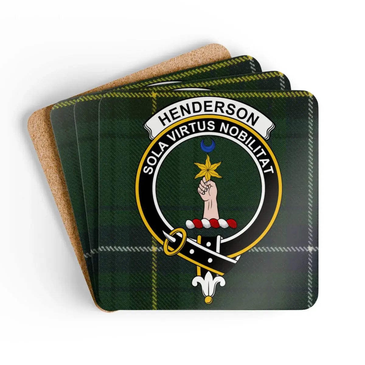 Henderson Clan Crest Tartan Coaster Set – Set of 4 Natural Cork