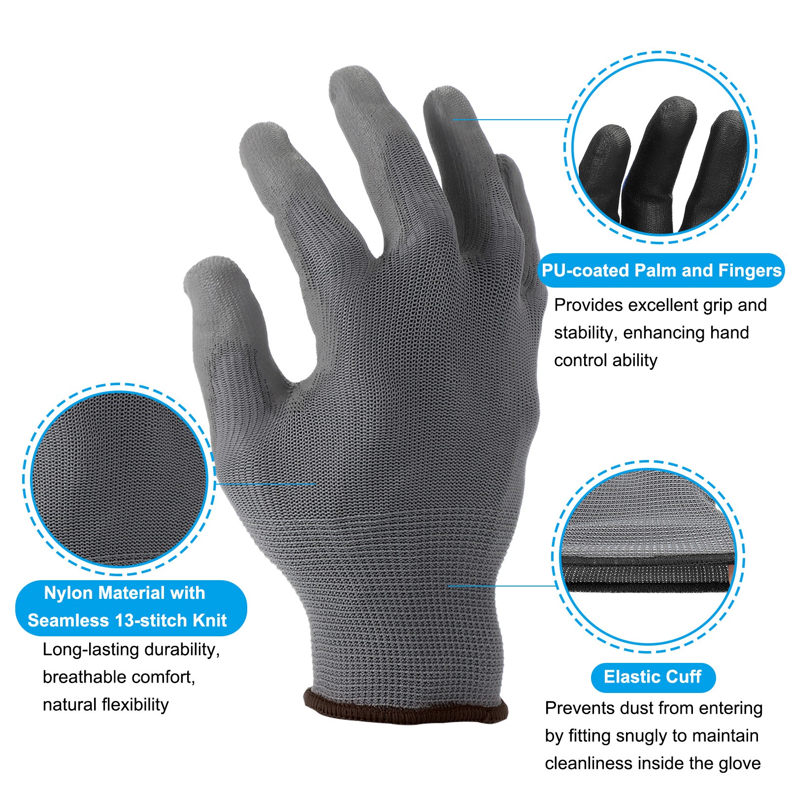 12 Pair Safety Work Gloves PU Coating Medium Working Glove with Grip, Gray