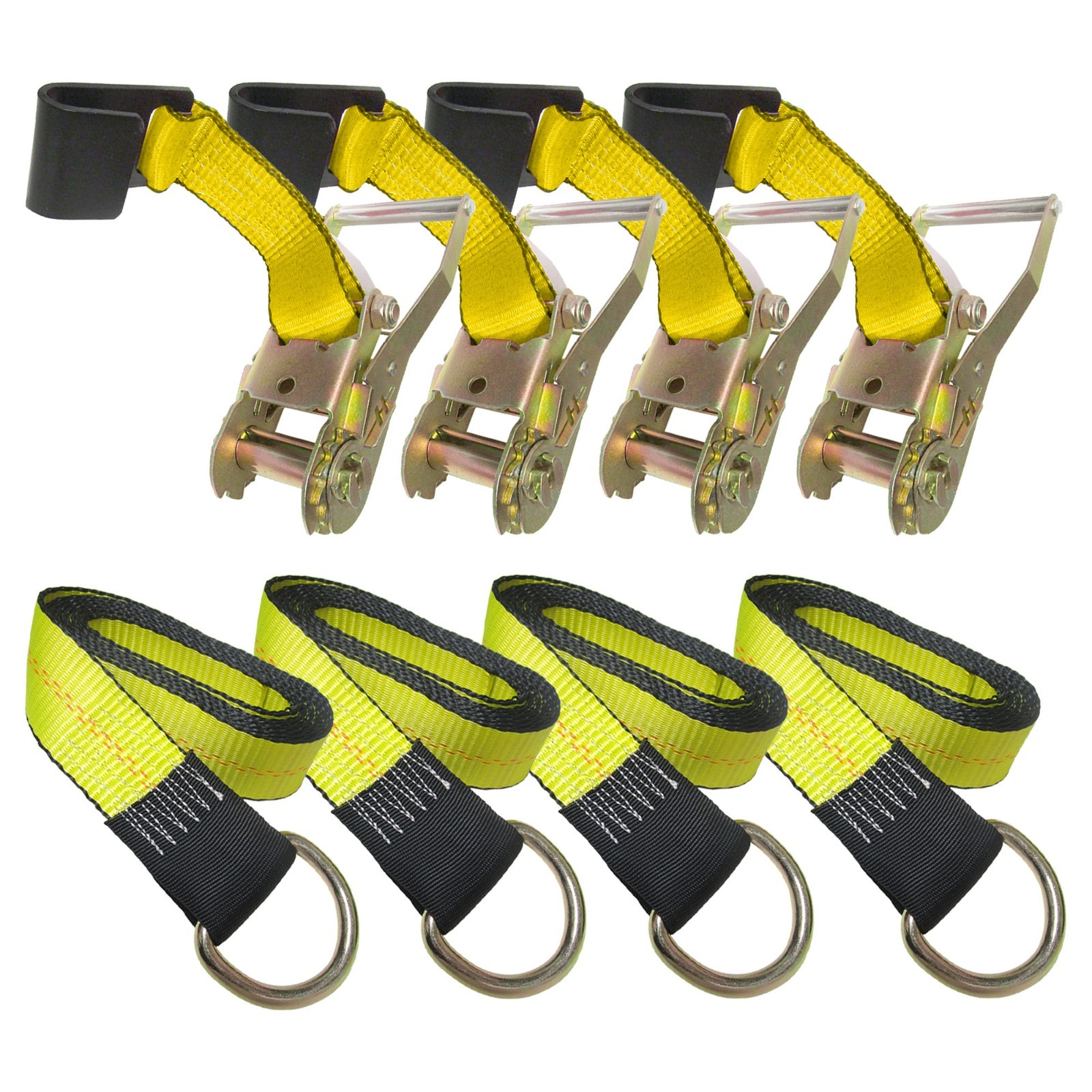 4 Pack Auto Hauler Ratchet Rail Hook & 8' Lasso Strap Kit WLL 3,335 lbs