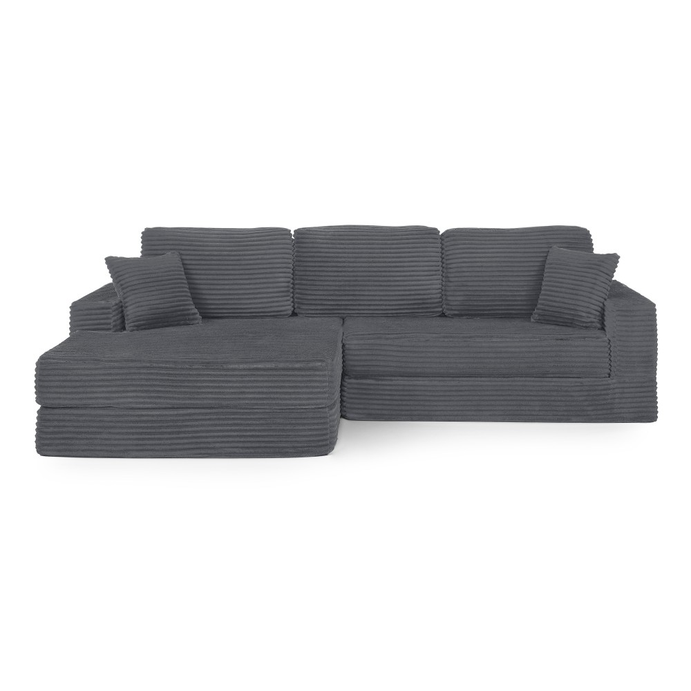 L-Shaped Gray Corduroy Sectional Sofa Converts to Queen Bed