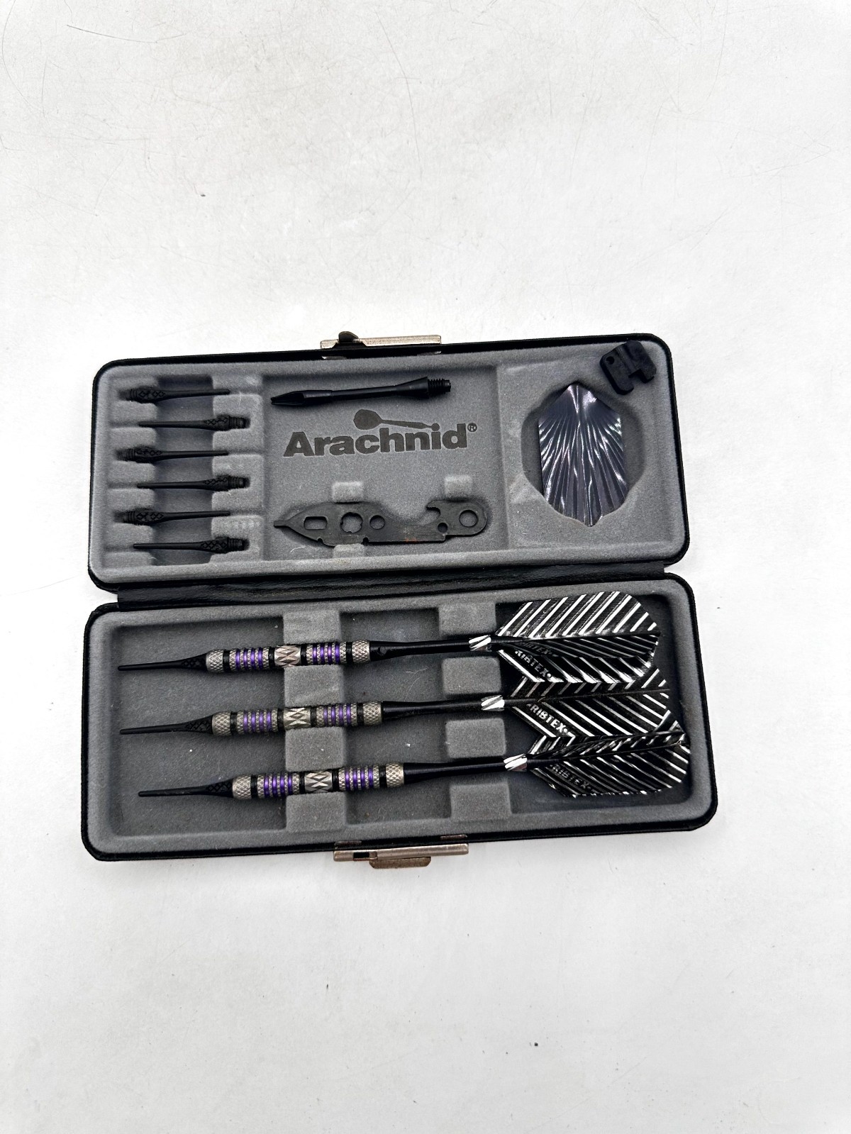 Arachnid Dart Set Black & Purple Knurled Barrels for Extra Grip with Carry Case