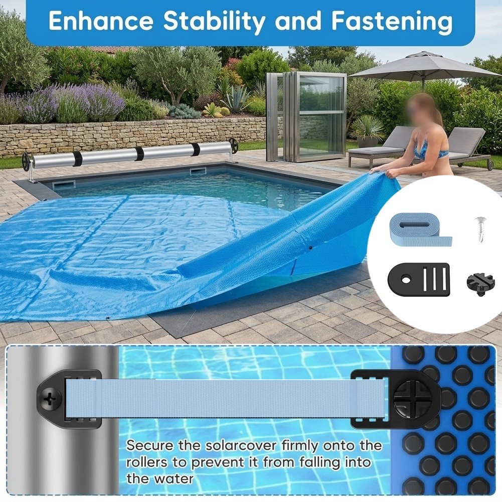 Pool Solar Cover Reel Attachment Set with 8 Straps and Mounting Plates