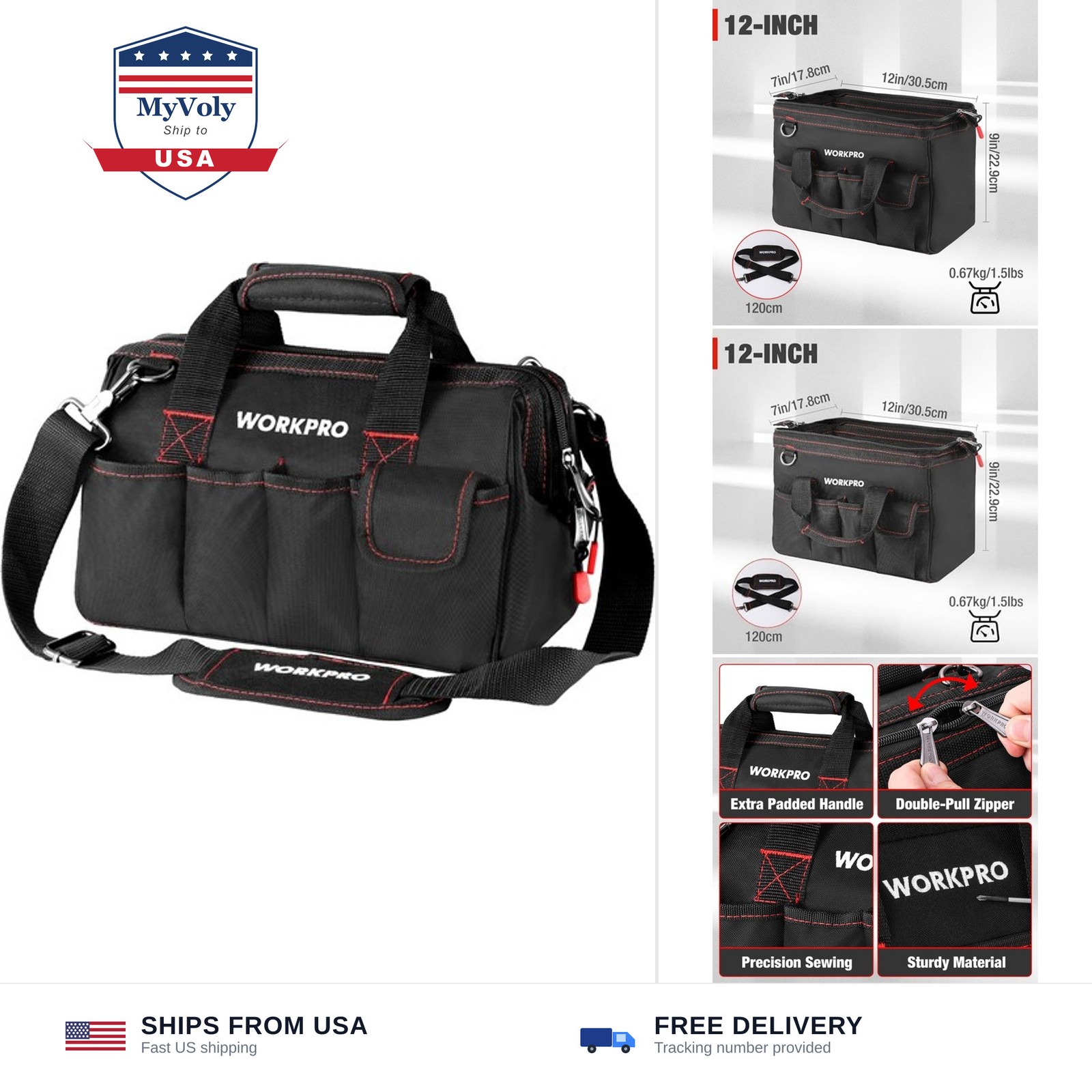 Workpro 12-inch Close Top Wide Mouth Storage Tool Bag, W081020A