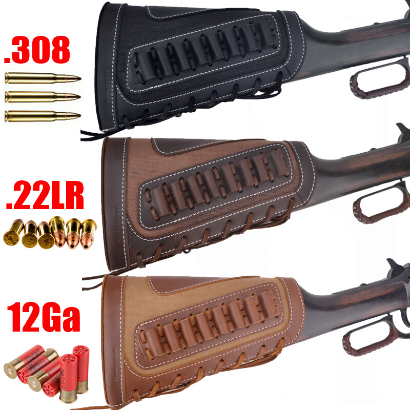 Leather Buttstock Shell Holder Gun Stock Recoil Cover For .357 .308 .22lr 12ga