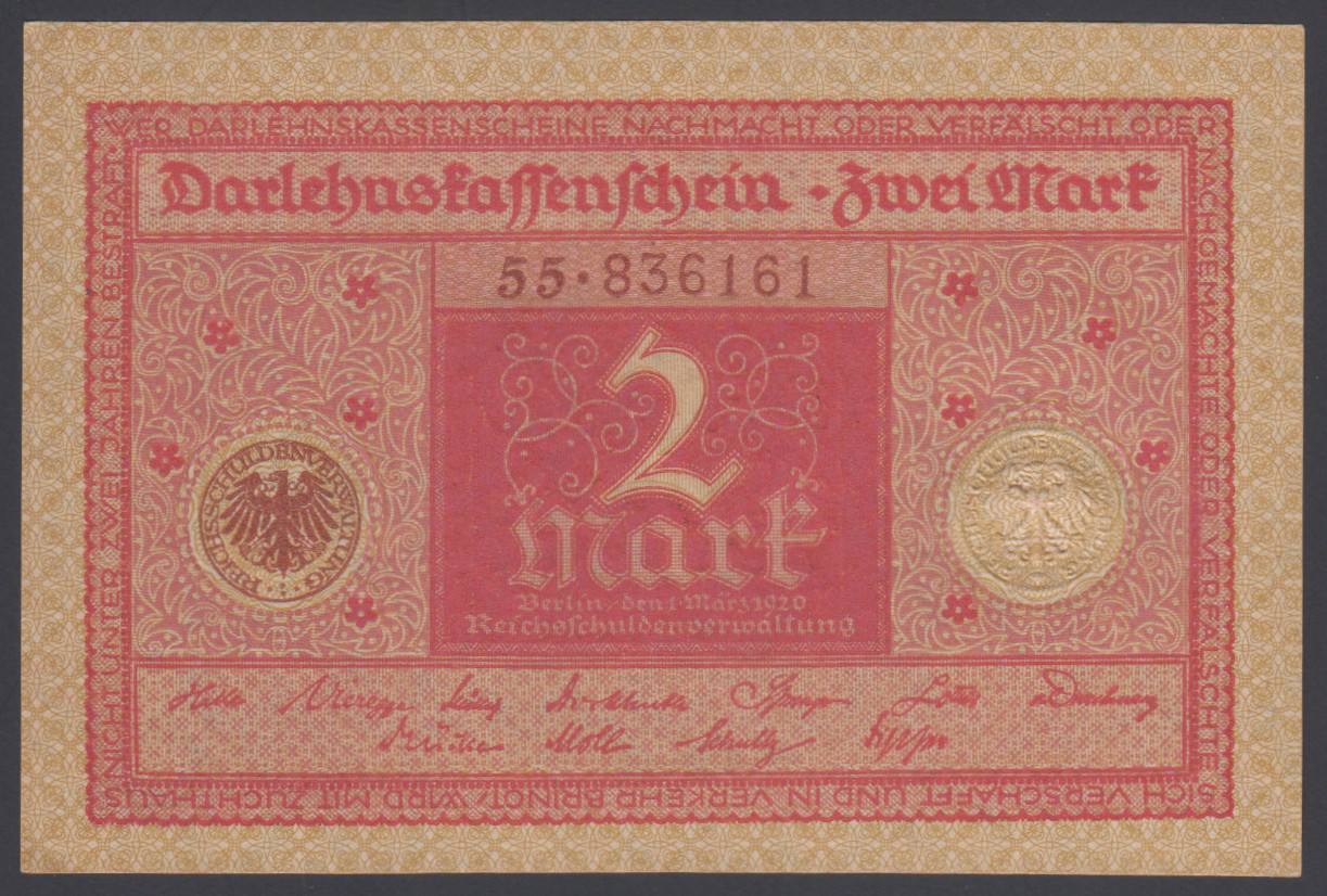 Germany  2  Mark  1920   AU-UNC  P. 59,   Banknotes, Uncirculated