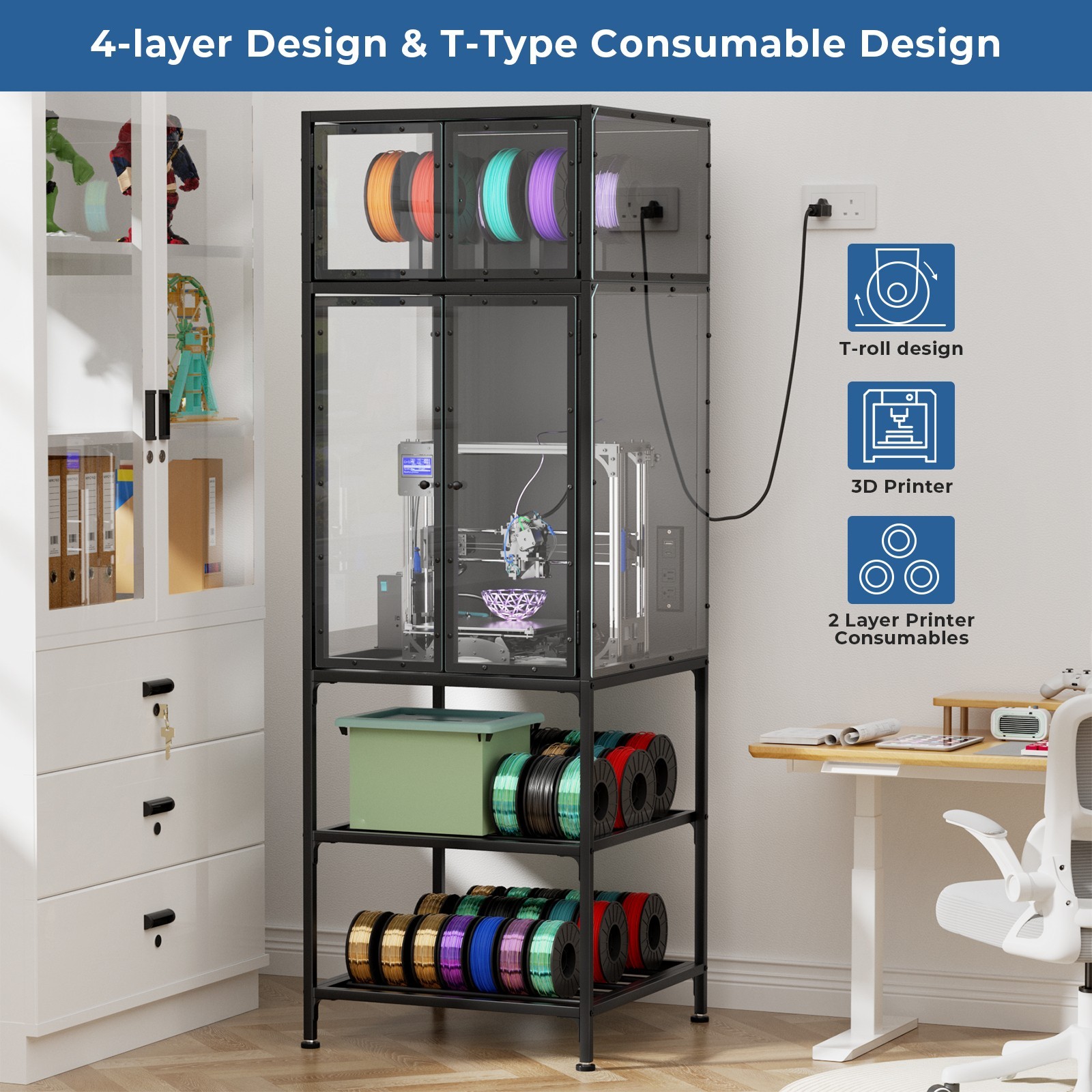 3D Printer Cabinet, Dual-Layer Filament Rack, T-Bar, Noise-Reducing