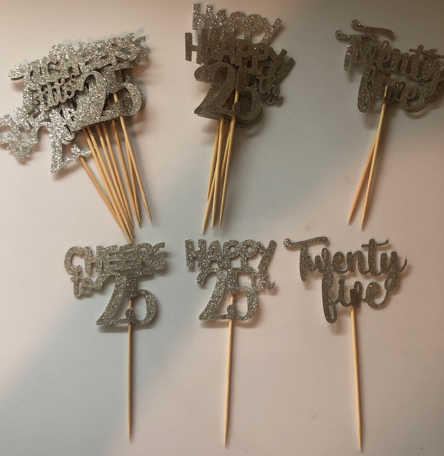 25 Year Old Cupcake Toppers Silver Glittery Cupcake Toppers 18 Pack