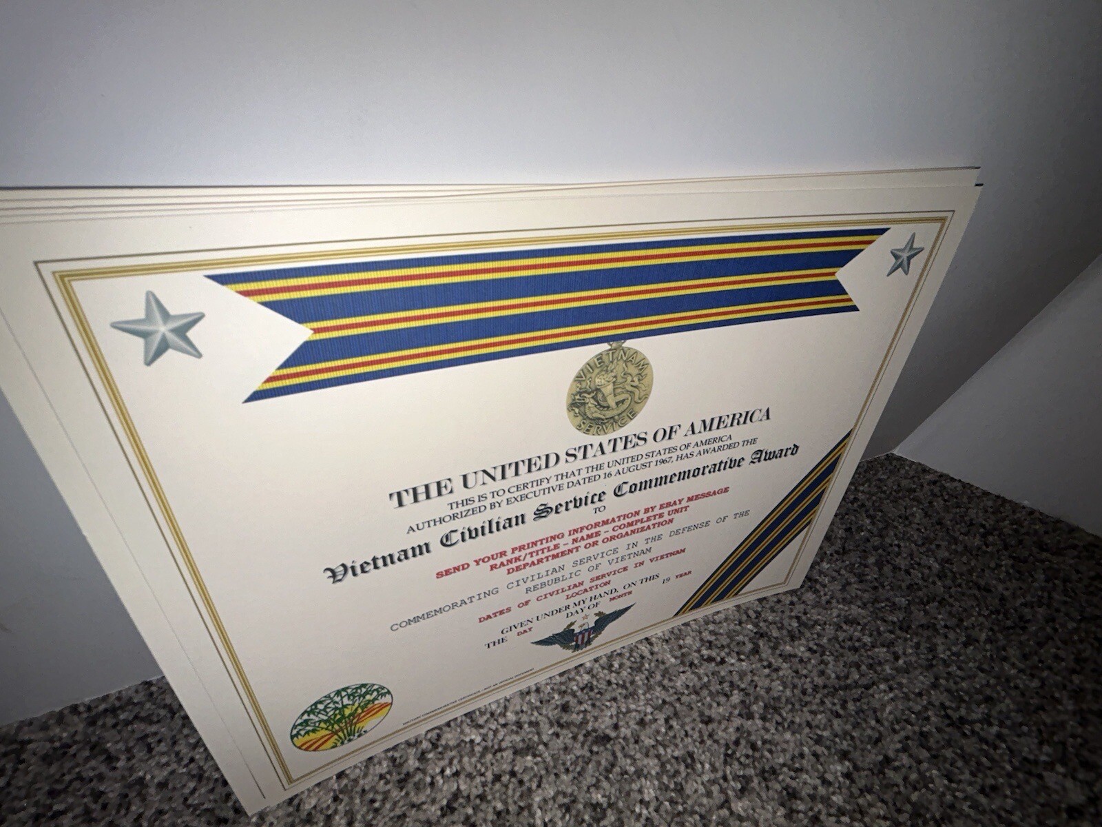 VIETNAM CIVILIAN SERVICE AWARD COMMEMORATIVE CERTIFICATE ~ W/PRINTING TYPE-1